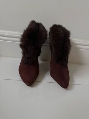 Allure Dark Brown Suede Pointed Fur-Trim Ankle Boots